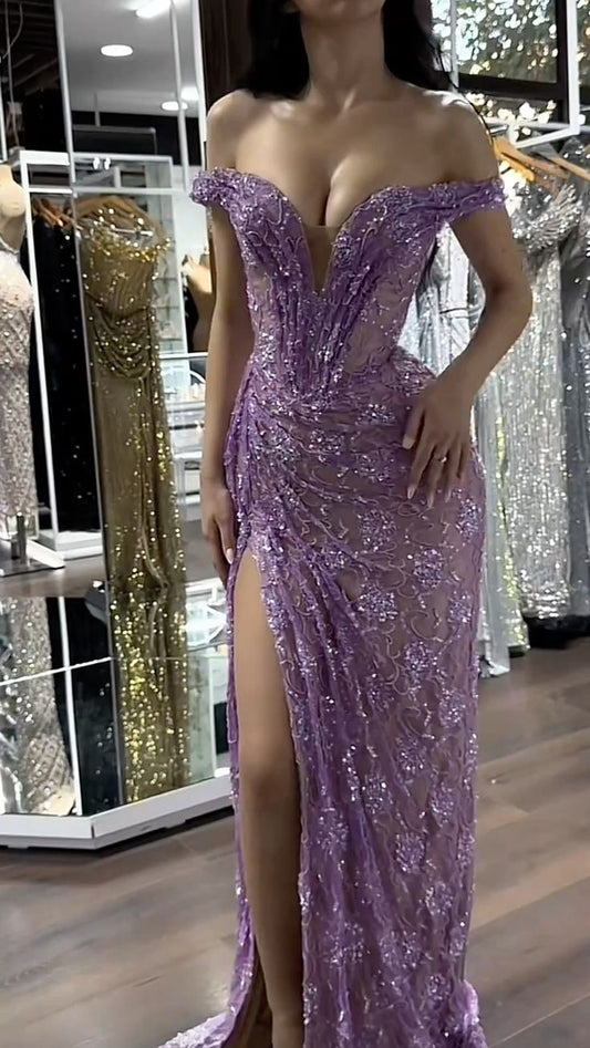 Vintage Lavender Off-the-Shoulder Beaded Mermaid High Slit Evening Dress DP8086