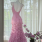 Vintage Shiny Sequin Hot Pink Spaghetti Strap Mermaid Chiffon Prom Dress Evening Dress DP6364