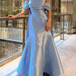 Elegant Blue Off-the-Shoulder Beaded Satin Mermaid Prom Gown Evening Dress DP8061