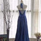 Vintage Navy Blue Halter-Neck Evening Gown Beaded Bodice Pleated Satin Floor-Length Prom Dress DP7608