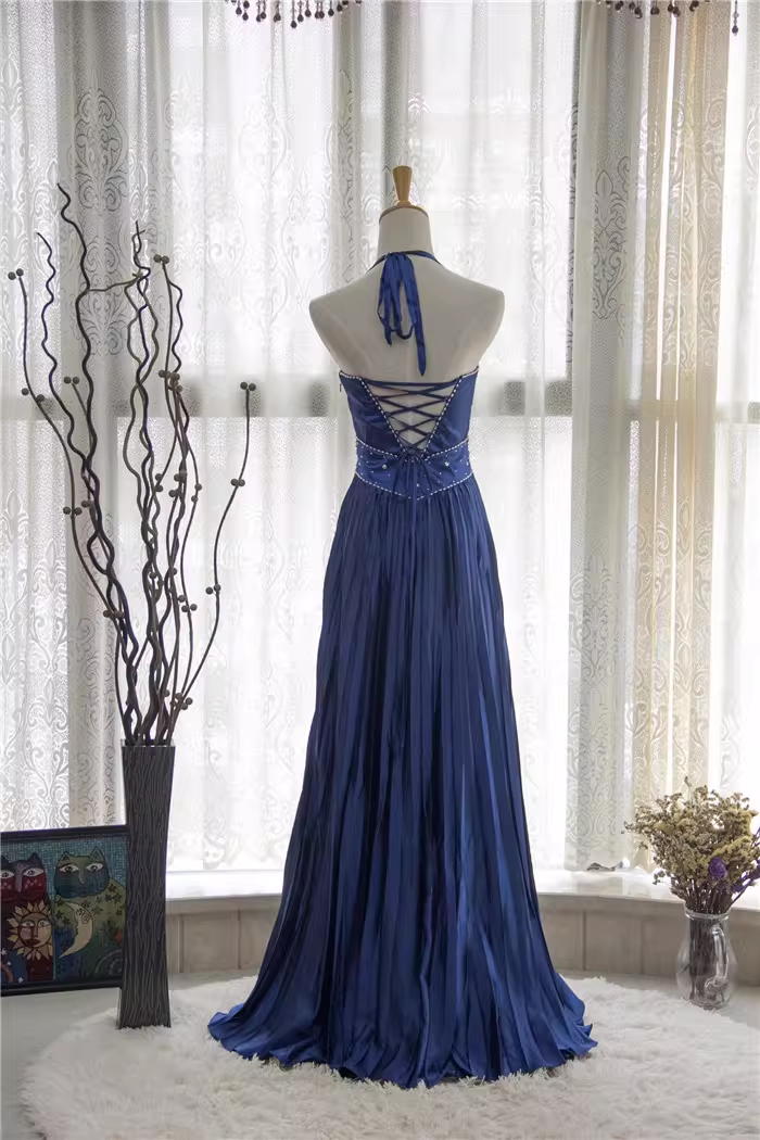 Vintage Navy Blue Halter-Neck Evening Gown Beaded Bodice Pleated Satin Floor-Length Prom Dress DP7608