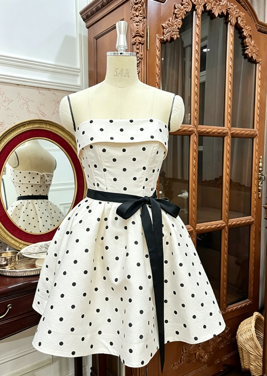 Elegant White Black Polka Dot Strapless A‑Line Satin Bow Sash A-Line Homecoming Dress DP8847