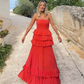 Red Strapless A-Line Layers Elegant Long Party Dress, DP2440