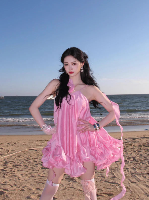 Cute Pink Ruffle Short A-Line Satin Party Dress Cocktail Dress Homecoming Dress DP6495