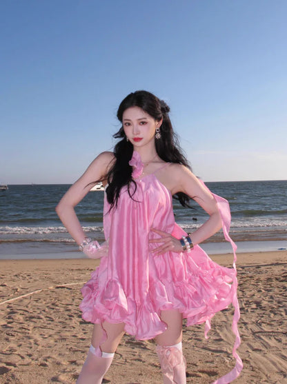 Cute Pink Ruffle Short A-Line Satin Party Dress Cocktail Dress Homecoming Dress DP6495
