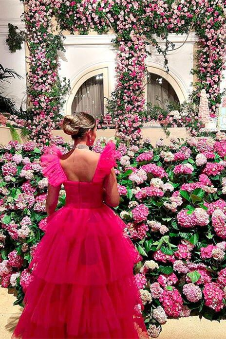 Fuchsia Tiered Ruffles Tulle A-Line Long Party Dress, DP2012