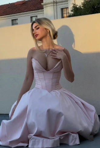Elegant Pink Sweetheart Strapless Corset Satin Floor Length Ball Gown DP8662