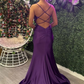 Grape Mermaid Straps Beaded Satin Long Prom Dress with Slit,DP014