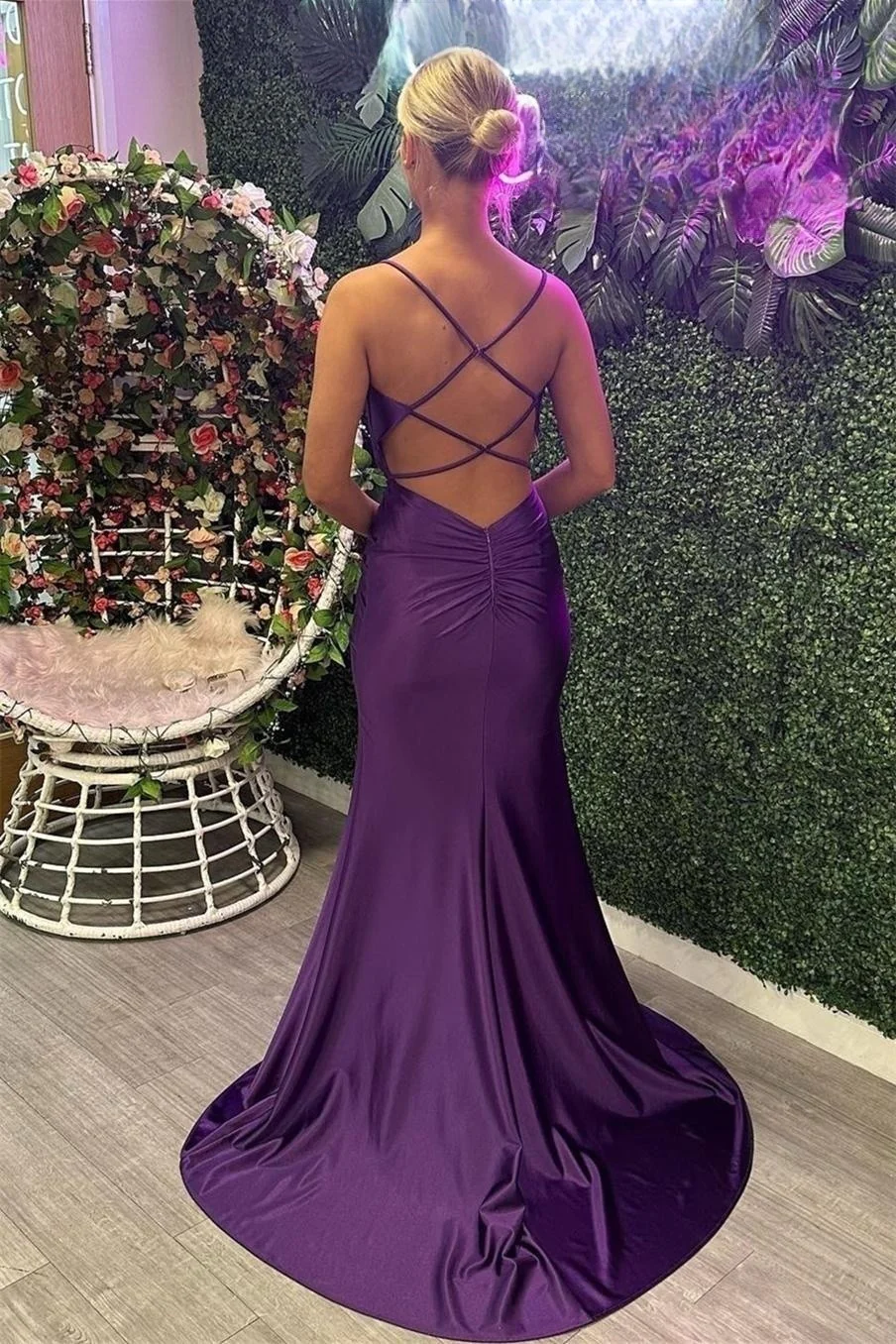 Grape Mermaid Straps Beaded Satin Long Prom Dress with Slit,DP014