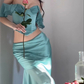 Blue Off Shoulder 2 Pieces Party Dress Wedding Guest Dress, DP2822