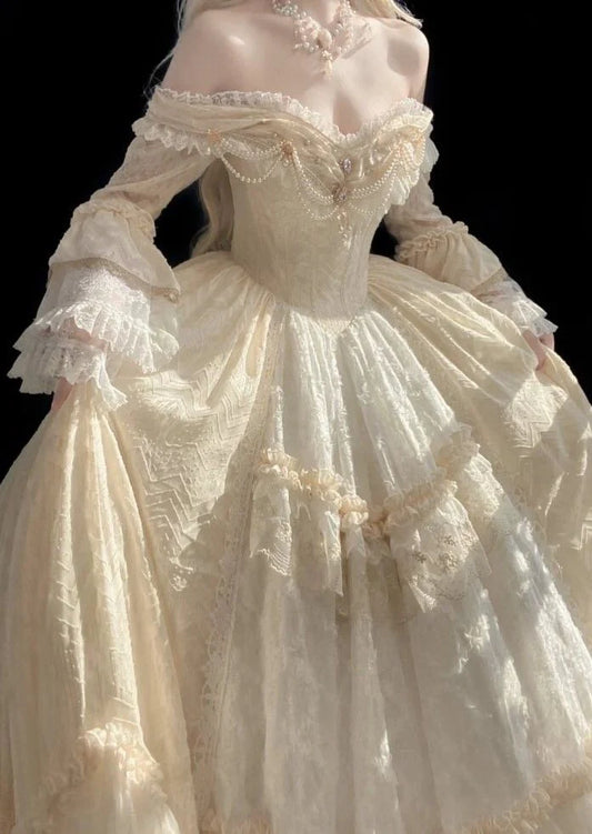 Superbe robe de mariée trapèze ivoire en dentelle à épaules dénudées et manches longues, robe de bal, robe de soirée DP6573