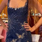 Vintage Navy Blue Shiny Beaded Sheath Homecoming Dress Party Dress Cocktail Dress DP6686