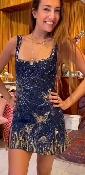Vintage Navy Blue Shiny Beaded Sheath Homecoming Dress Party Dress Cocktail Dress DP6686