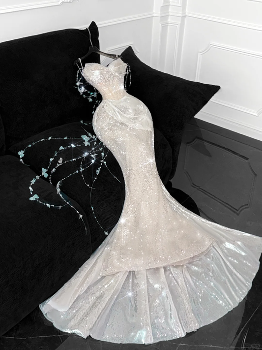 Gorgeous Sparkling Champagne Sequin Sweetheart Mermaid Elegant Chiffon Evening Dress Prom Dresses DP6170