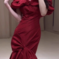 Elegant Burgundy Off-Shoulder Ruffled Neckline Mermaid Dramatic Bow  Evening Gown DP7216