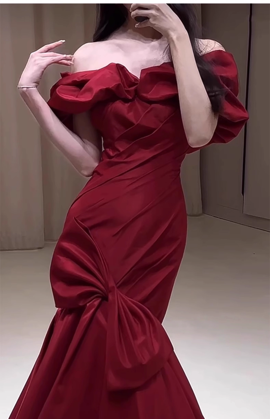 Elegant Burgundy Off-Shoulder Ruffled Neckline Mermaid Dramatic Bow  Evening Gown DP7216