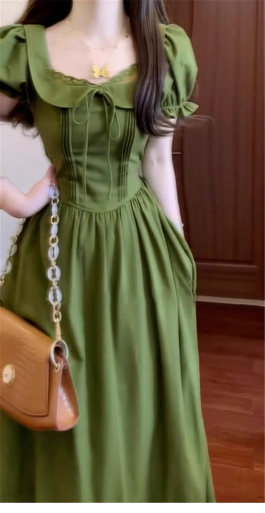 Vintage Olive Green Prom Dress A-Line Short-sleeve Evening Dress Long Formal Dress DP6710