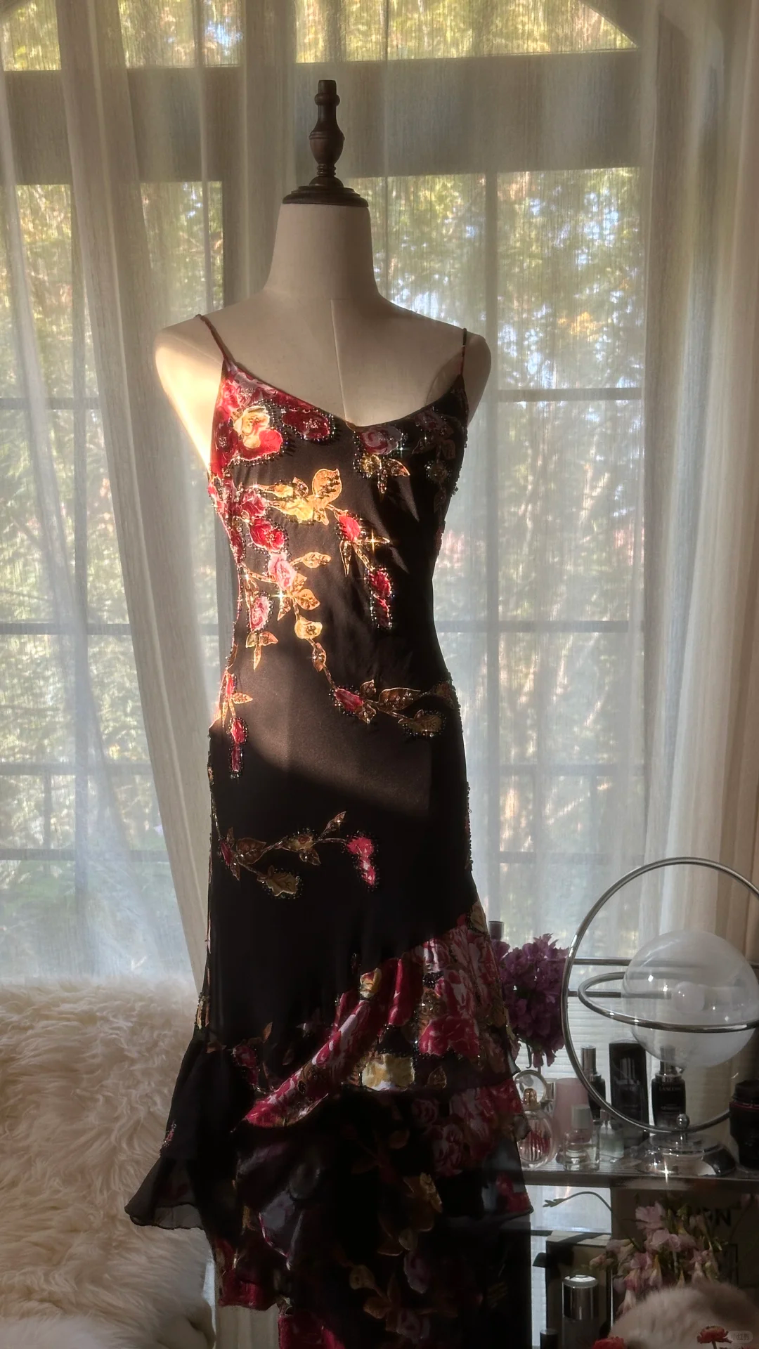 Vintage Black Spaghetti Strap Floral Design Romantic Chiffon Evening Dress Prom Dress DP6014
