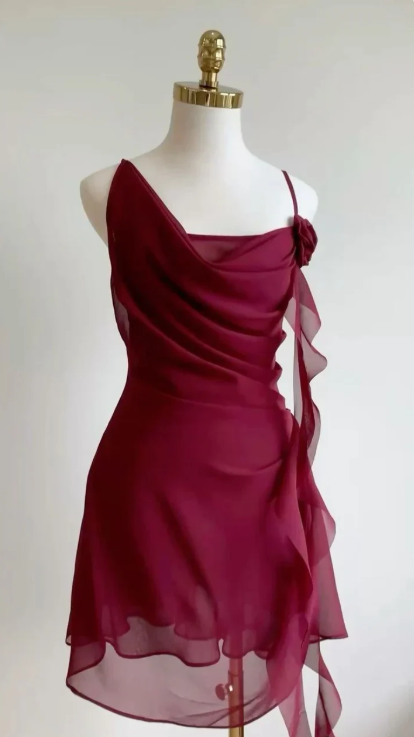 Vintage Burgundy Sheath Chiffon Homecoming Dress Party Dress Short Cocktail Dress DP6783