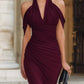 Elegant Burgundy Halter-Neck Mermaid Ruched High Slit Prom Dress DP8495