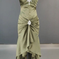 Retro Glam Olive Green Satin Mermaid Prom Dress Spaghetti Strap Ruffled Evening Gown DP7911