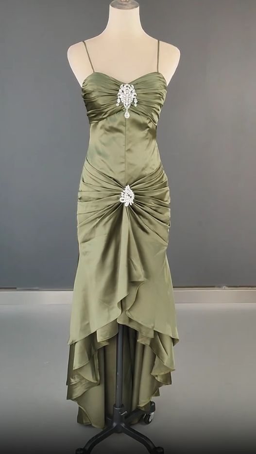 Retro Glam Olive Green Satin Mermaid Prom Dress Spaghetti Strap Ruffled Evening Gown DP7911