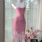 Vintage Pink Sparkling Sequin Spaghetti Strap Tassels Hem Romantic  Evening Dress Prom Dresses DP6140