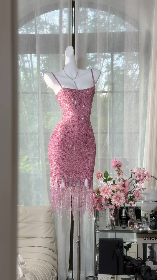 Vintage Pink Sparkling Sequin Spaghetti Strap Tassels Hem Romantic  Evening Dress Prom Dresses DP6140