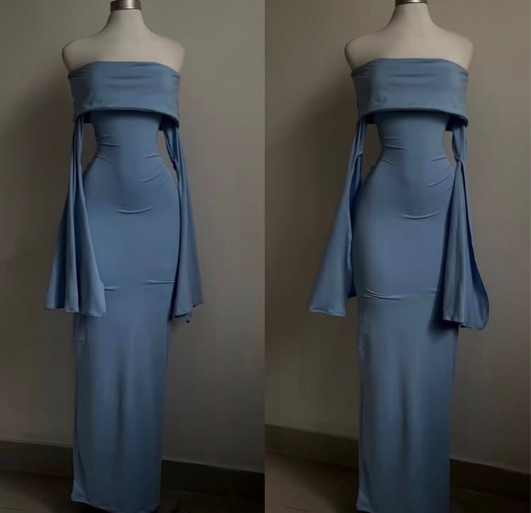 Dusty Blue Off Shoulder Mermaid Long Party Dress For Woman, DP3158