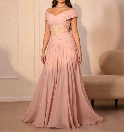 Glamorous Pink Off Shoulder Ruched Bodice A-Line Long Prom Dress DP8417