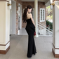 Bezauberndes schwarzes Sweetheart Spaghettiträger Plissee Meerjungfrau Ballkleid Abendkleid DP6408