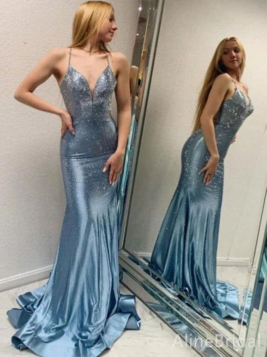 Elegant Dusty Blue Glitter Spaghetti Strap Mermaid Prom Dress V-Neck Satin Formal Evening Gown with Train DP8198