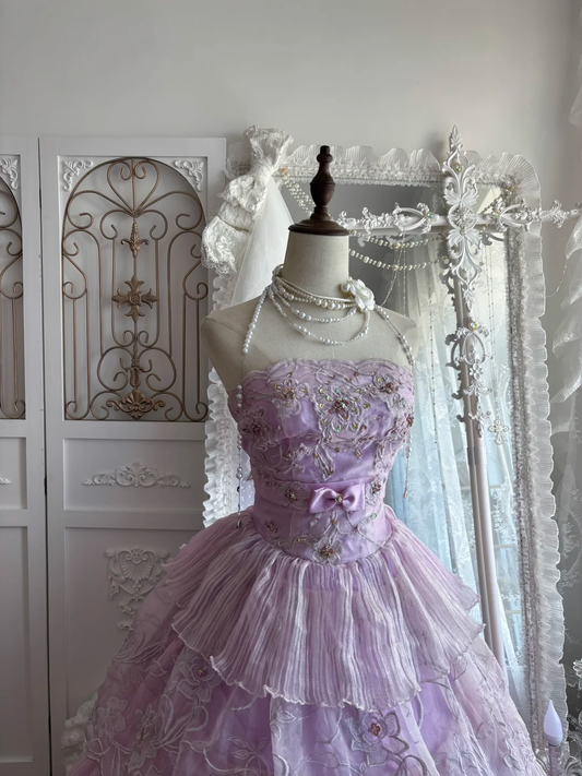 Elegant Lavender Strapless Tiered Floral Lace Embroidery Ball Gown DP8291