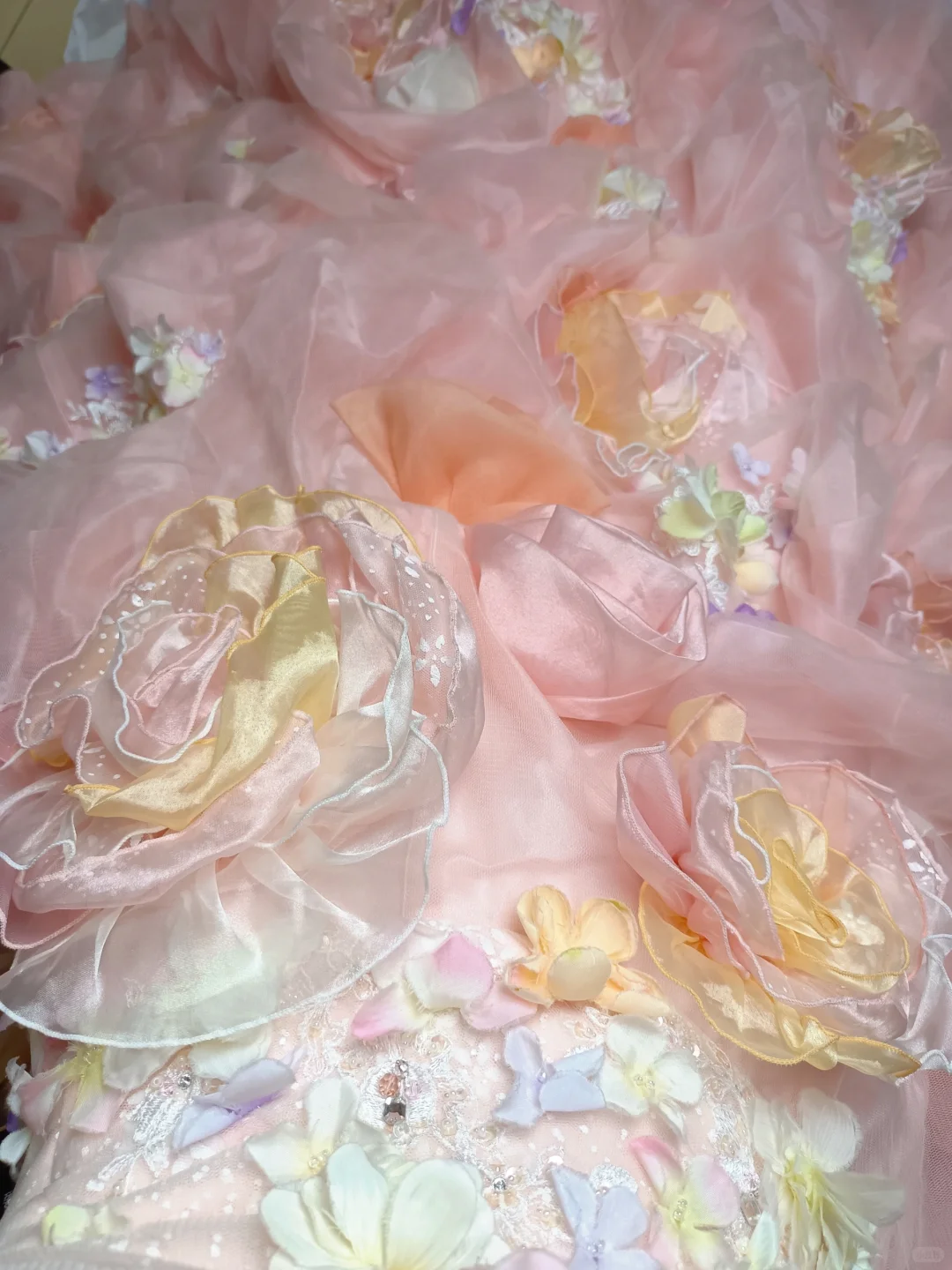 Glamorous Pastel Rainbow 3D Floral Strapless Pink Ruffled Princess Sweet 16 Quinceanera Ball Gown DP7548