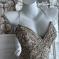 Glamorous Champagne Lace Mermaid Wedding Dress Spaghetti Strap Beaded Evening Gown DP8132