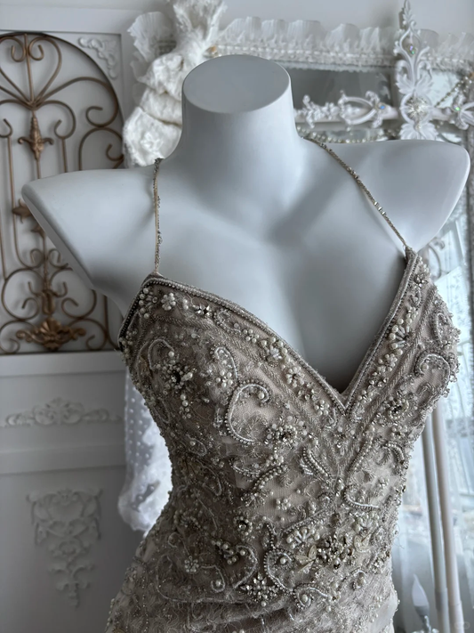 Glamorous Champagne Lace Mermaid Wedding Dress Spaghetti Strap Beaded Evening Gown DP8132