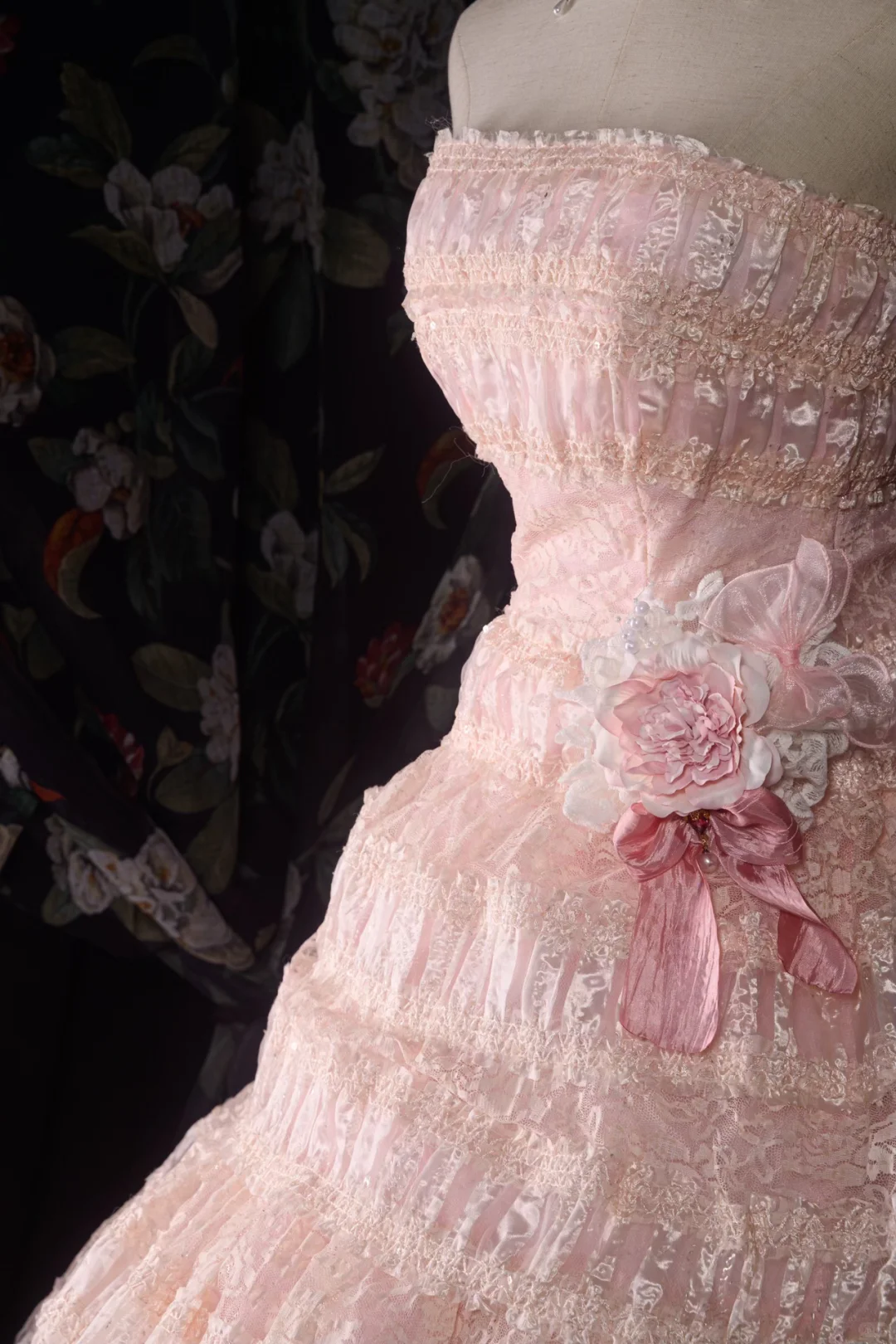 Glamorous Pink Tiered Strapless Lace Floral Sweet 16 Quinceanera Ball Gown DP7410