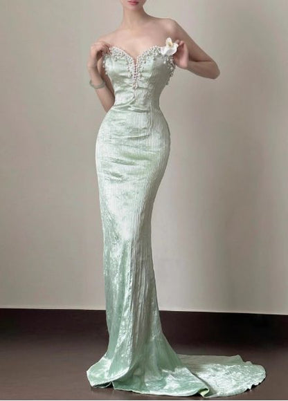 Elegant Mint Green Crinkled Shiny Satin Mermaid Strapless Sweetheart Pearl Beaded 3D Floral Sweep Train Evening Gown DP8556