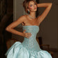 Robe de bal sirène glamour bleu clair sans bretelles en satin, corsage orné de perles, DP7907