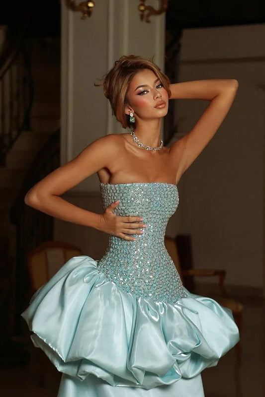Robe de bal sirène glamour bleu clair sans bretelles en satin, corsage orné de perles, DP7907