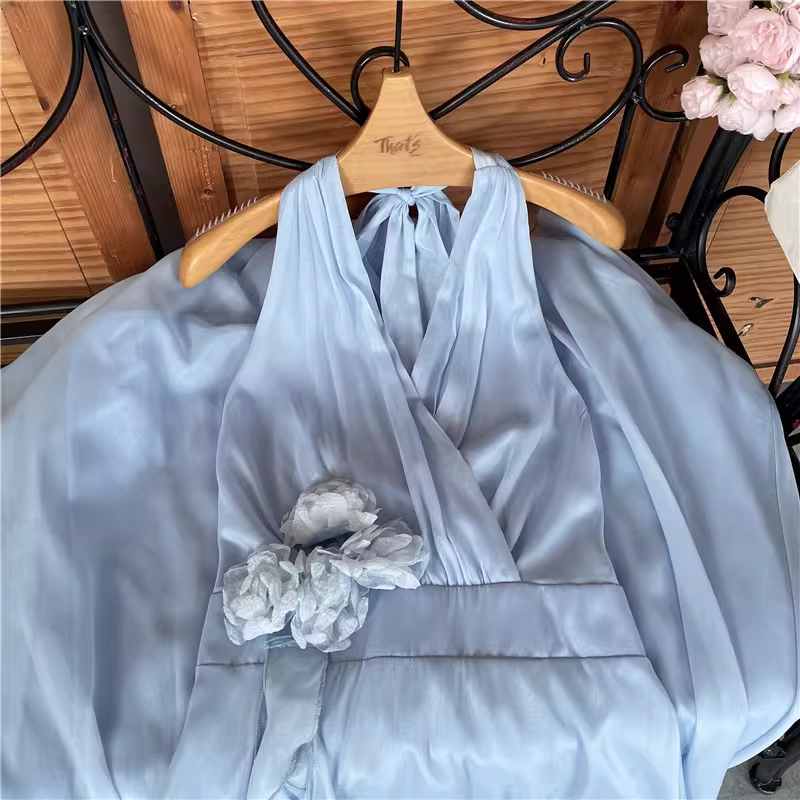 Elegant Light Blue Halter Neck 3D Floral Evening Gown Ruffle Prom Dress DP7967