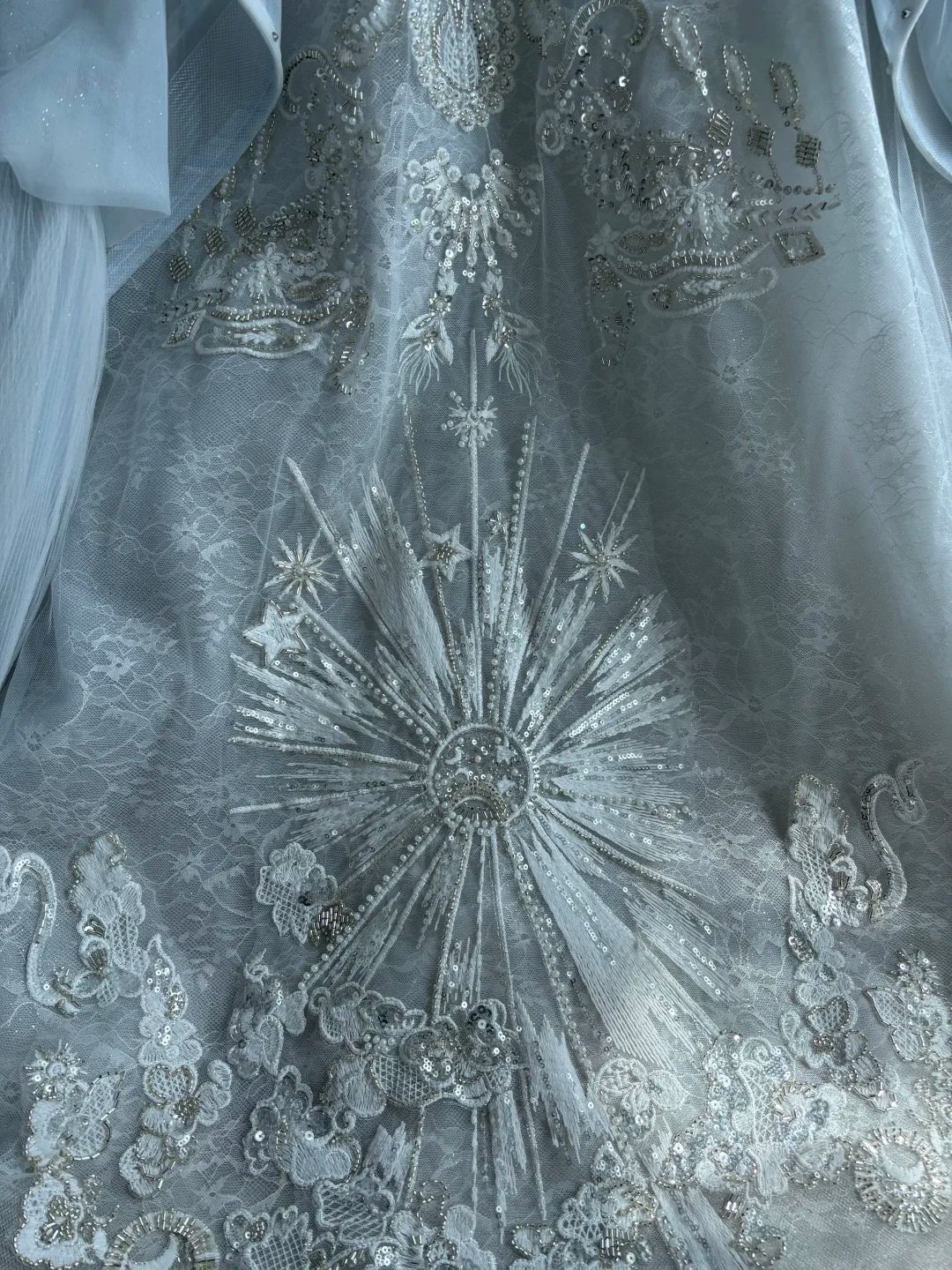 Elegant Luxury Ice Blue Wedding Dress Sweetheart Puff Sleeve Beaded Lace Tiered Tulle Quinceanera Ball Gown DP8133