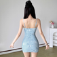 Cute Light Blue Floral Spaghetti Strap Bodycon Short Summer Dresses Party Dress Homecoming Dress DP6342