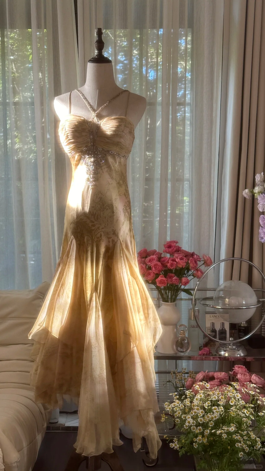 Retro Sweetheart Mermaid Spaghetti Strap Design A-line Romantic Chiffon Evening Dress Prom Dress, DP5986