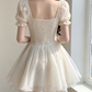 Elegant Ivory Lace Puff Short Sleeve Organza Layered A-Line Homecoming Dress DP8741