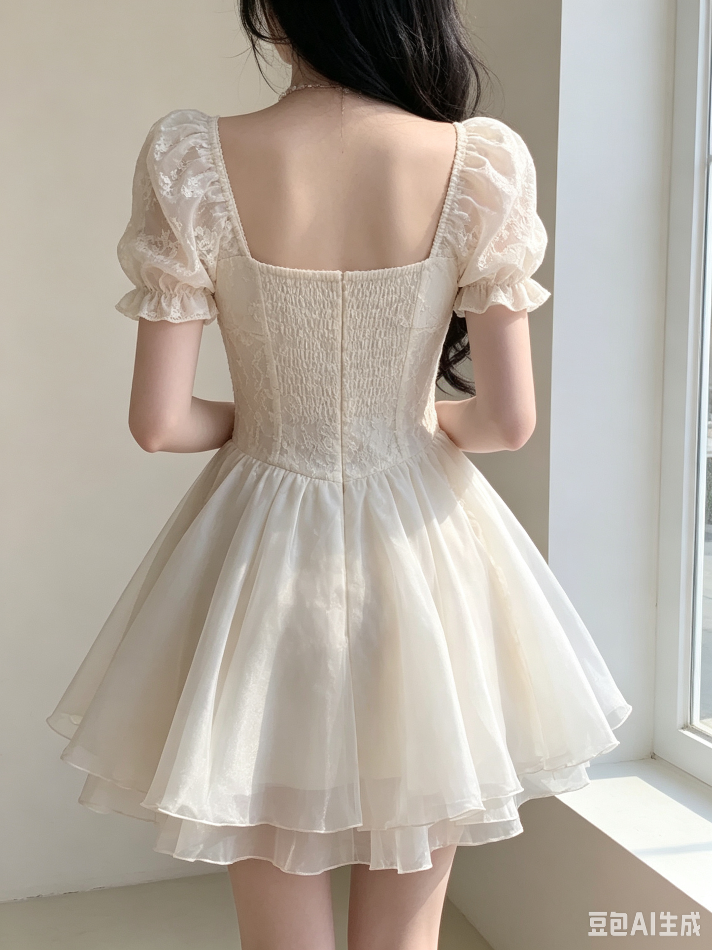 Elegant Ivory Lace Puff Short Sleeve Organza Layered A-Line Homecoming Dress DP8741