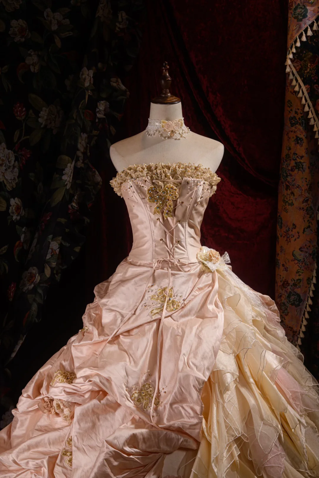 Elegant Pink Strapless Ruffled Tiered Gold Beaded Embroidery Sweet 16 Quinceanera Ball Gown DP7411