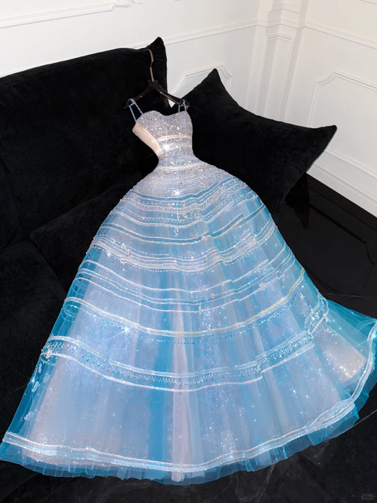 Vintage Sparkling Blue Sequin Sweetheart A-Line Design Tulle Evening Dress Prom Dresses DP6162