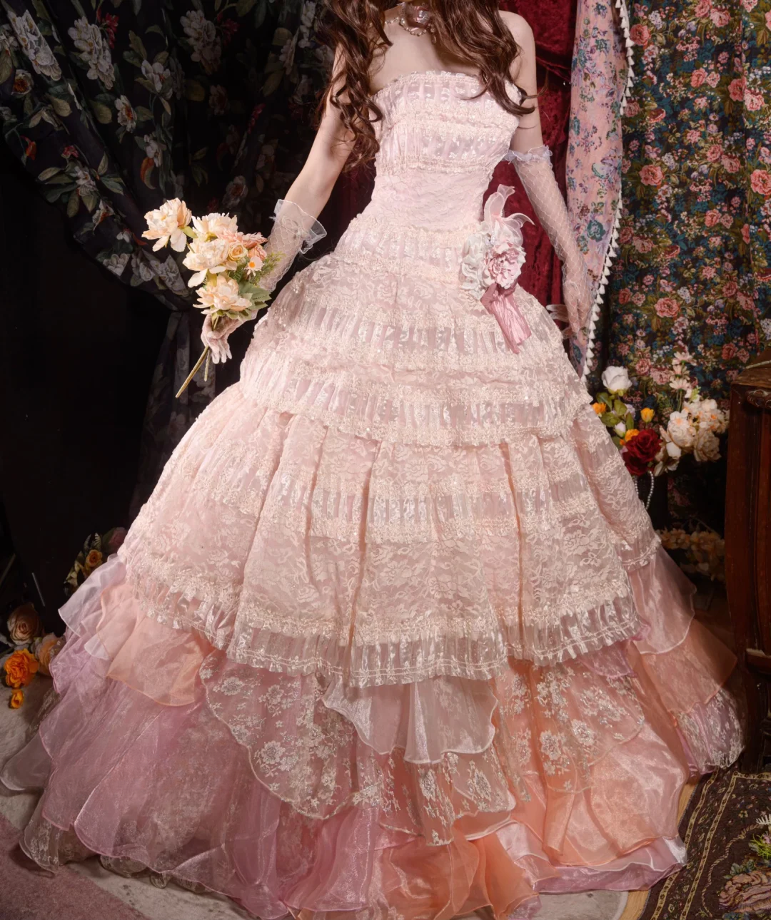 Glamorous Pink Tiered Strapless Lace Floral Sweet 16 Quinceanera Ball Gown DP7410