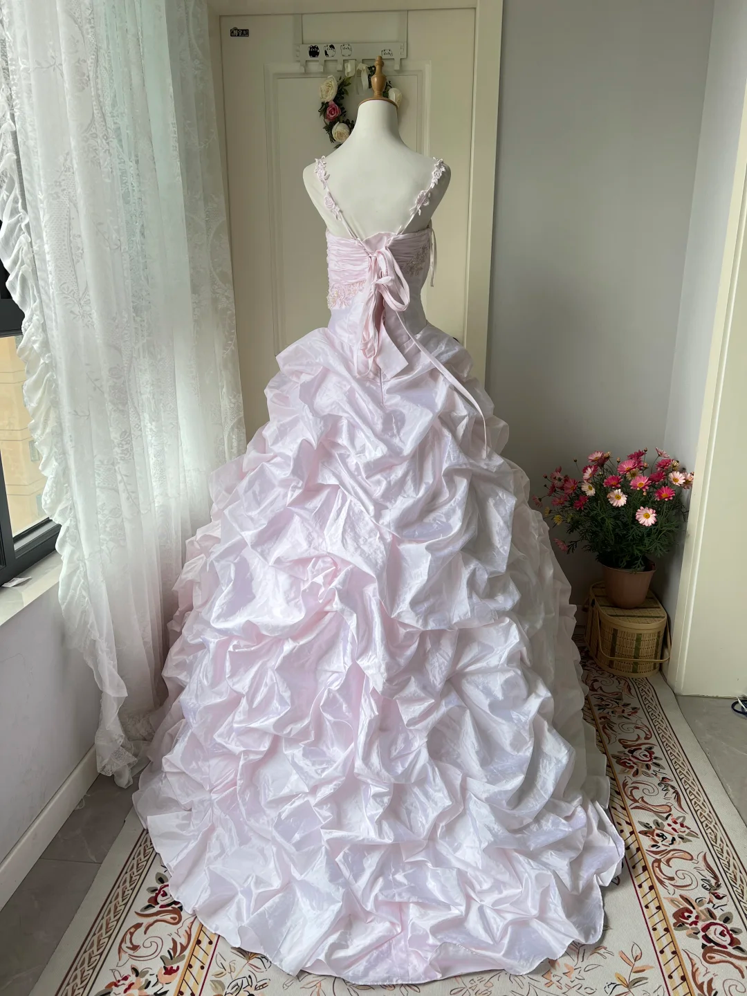 Chic Light Pink Ruffled Tulle Embroidered Spaghetti Strap Sweet 16 Quinceanera Ball Gown DP7365